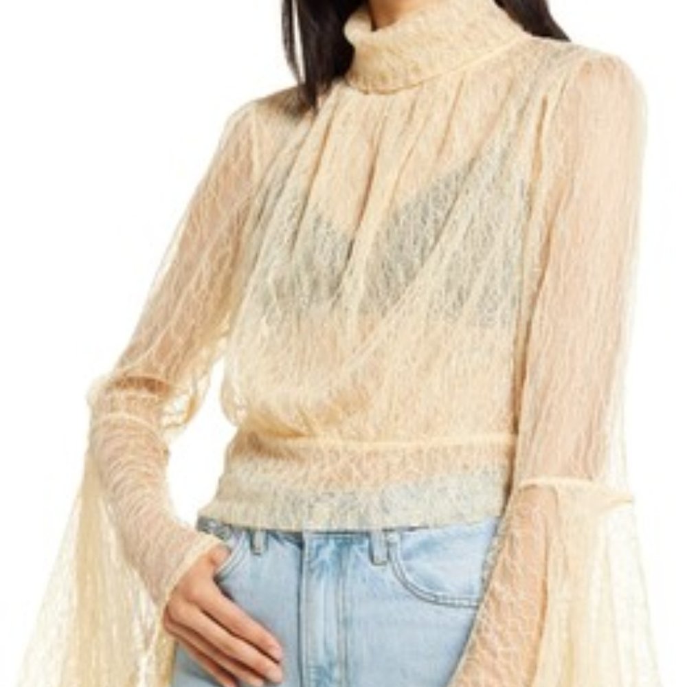 Free People Cream Sheer Lace Turtleneck Top with Flared Sleeves/Rule Breaker Top